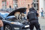 Zdjęcie przedstawia samochód podczas pokazu pracy funkcjonariuszy Służby Celno-Skarbowej wraz z psem służbowym.