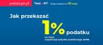 Grafika zawiera napis: Jak przekazać 1% podatku na rzecz organizacji pożytku publicznego, adres strony portalu podatkowego: podatki.gov.pl oraz Twój e-PIT usługa dostępna od 15 lutego