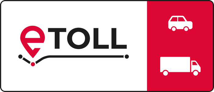 Logo i napis Etoll oraz ikonografika samochodu osobowego i ciężarowego