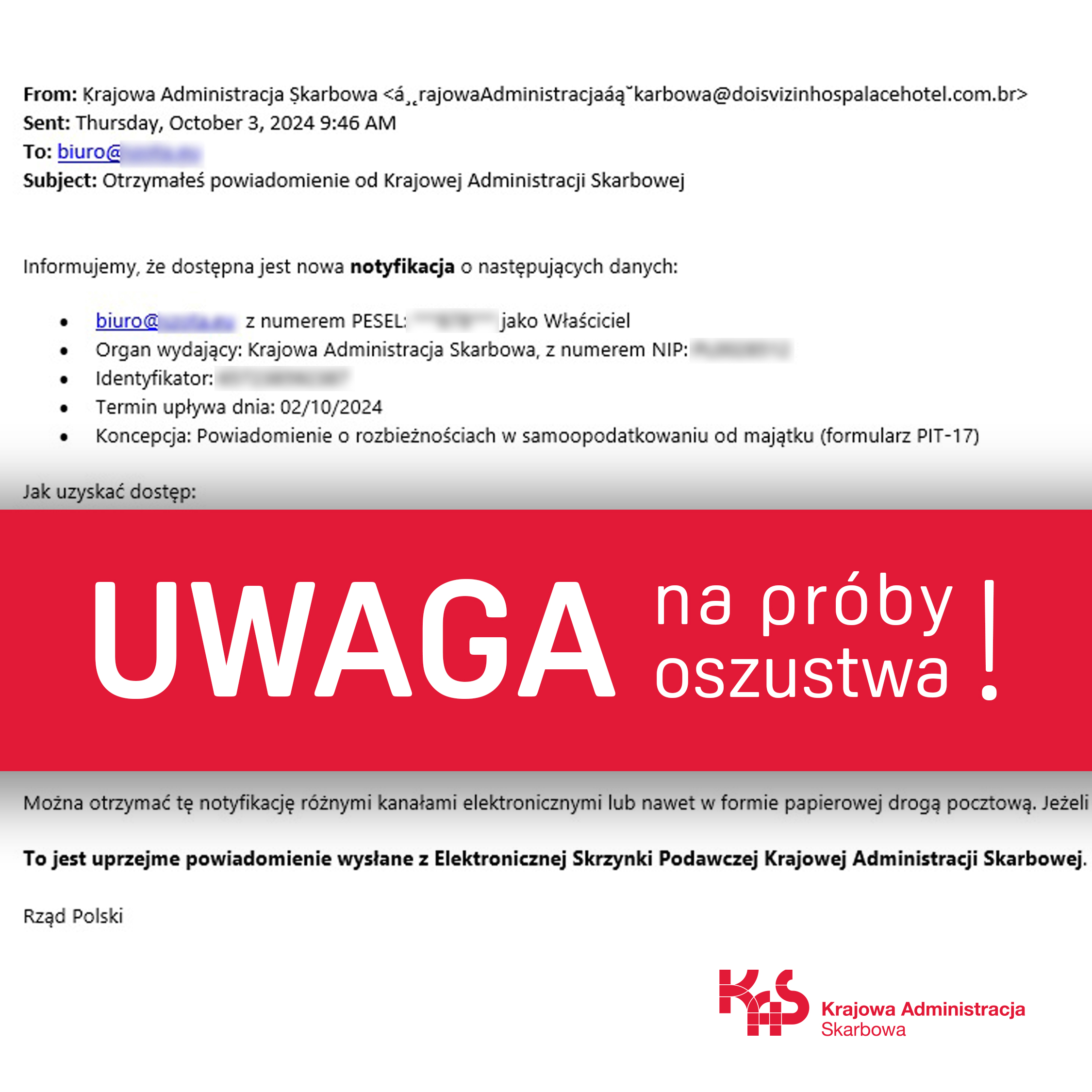 Grafika z logiem Krajowej Administracji Skarbowej, tekstem "Uwaga na próby oszustwa!" oraz obrazem e-maila