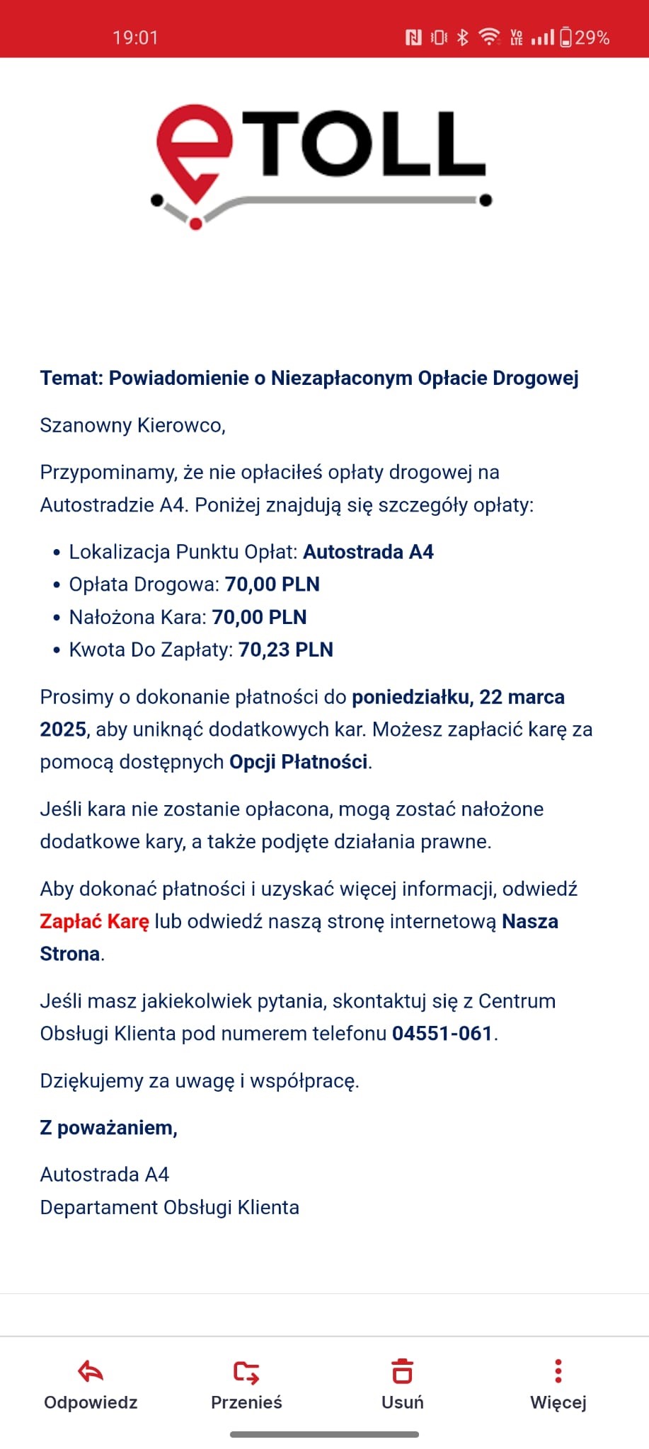 Fałszywe wiadomości e-mail wzywające do płatności w e-TOLL