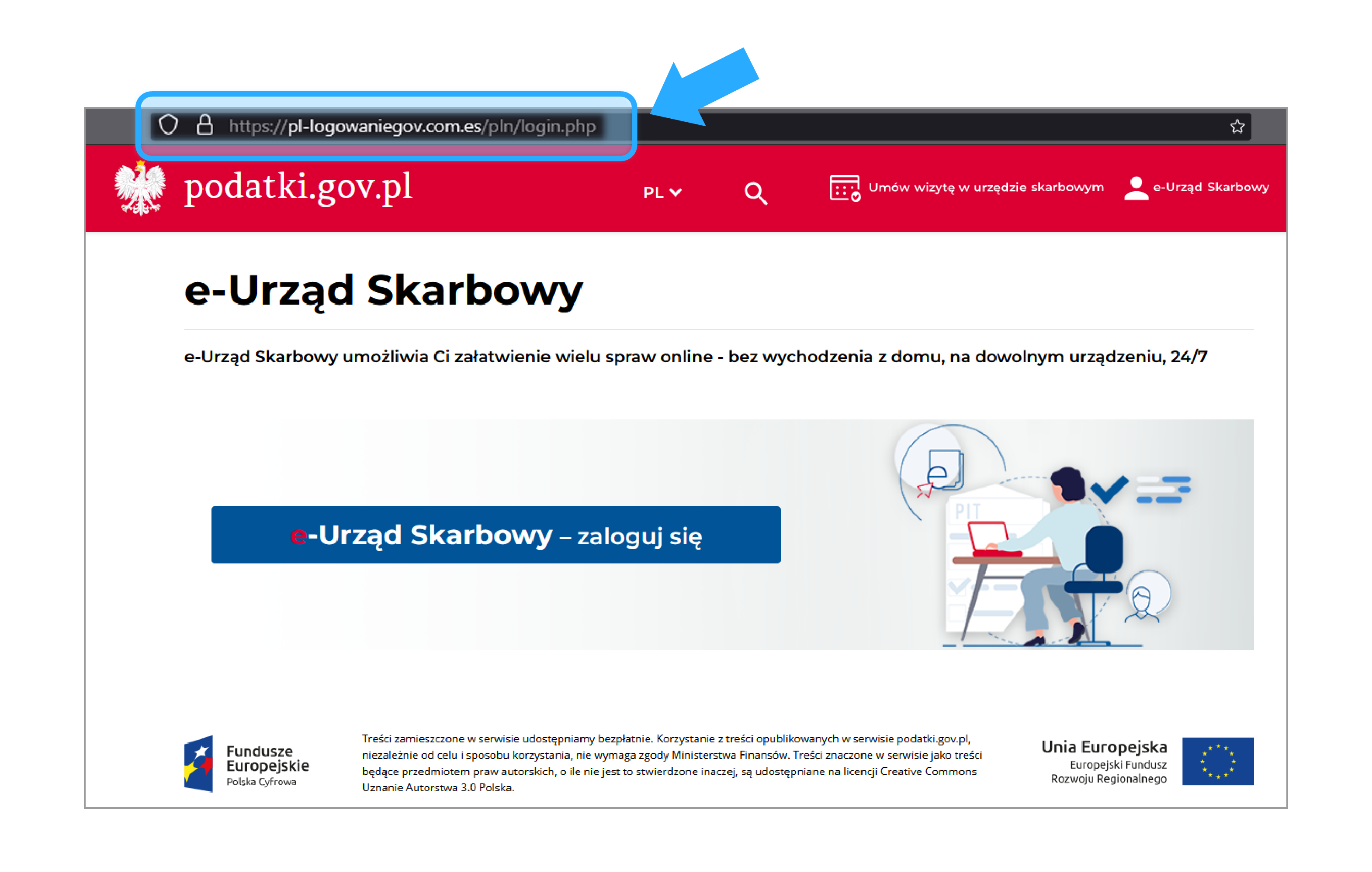 Strona e-US Ministerstwa Finansów z fałszywym adresem logowania