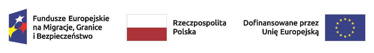 Baner z 3 grafikami: Logo Fundusze Europejskie na Migracje, Granice i Bezpieczeństwo, flaga Polski z podpisem Rzeczpospolita Polska, Flaga Unii Europejskiej z podpisem Dofinansowane przez Unię Europejską