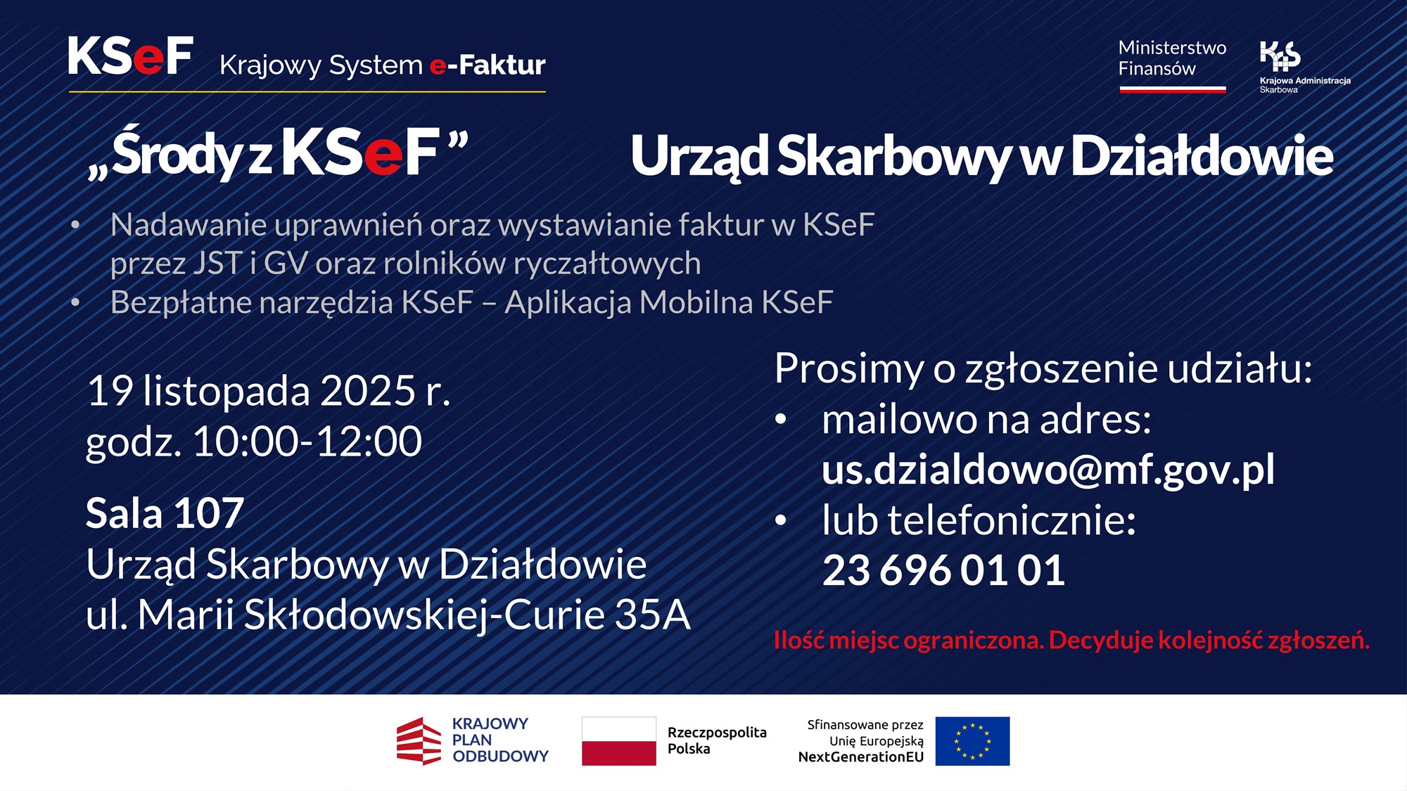 Plakat zapraszający na spotkanie o KSEF. Wszystkie informacje z plakatu znajdują się w treści artykułu.