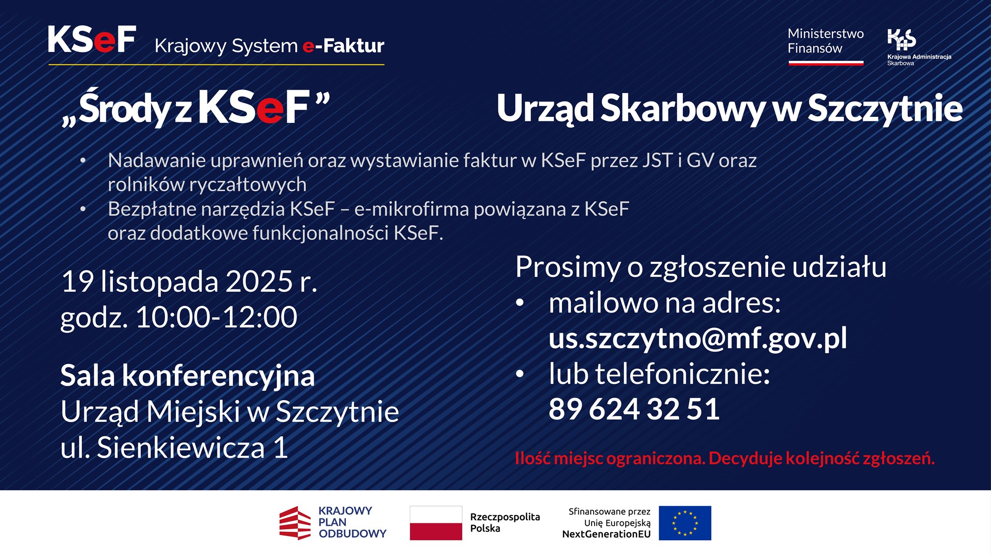 Plakat zapraszający na spotkanie o KSEF. Wszystkie informacje z plakatu znajdują się w treści artykułu.