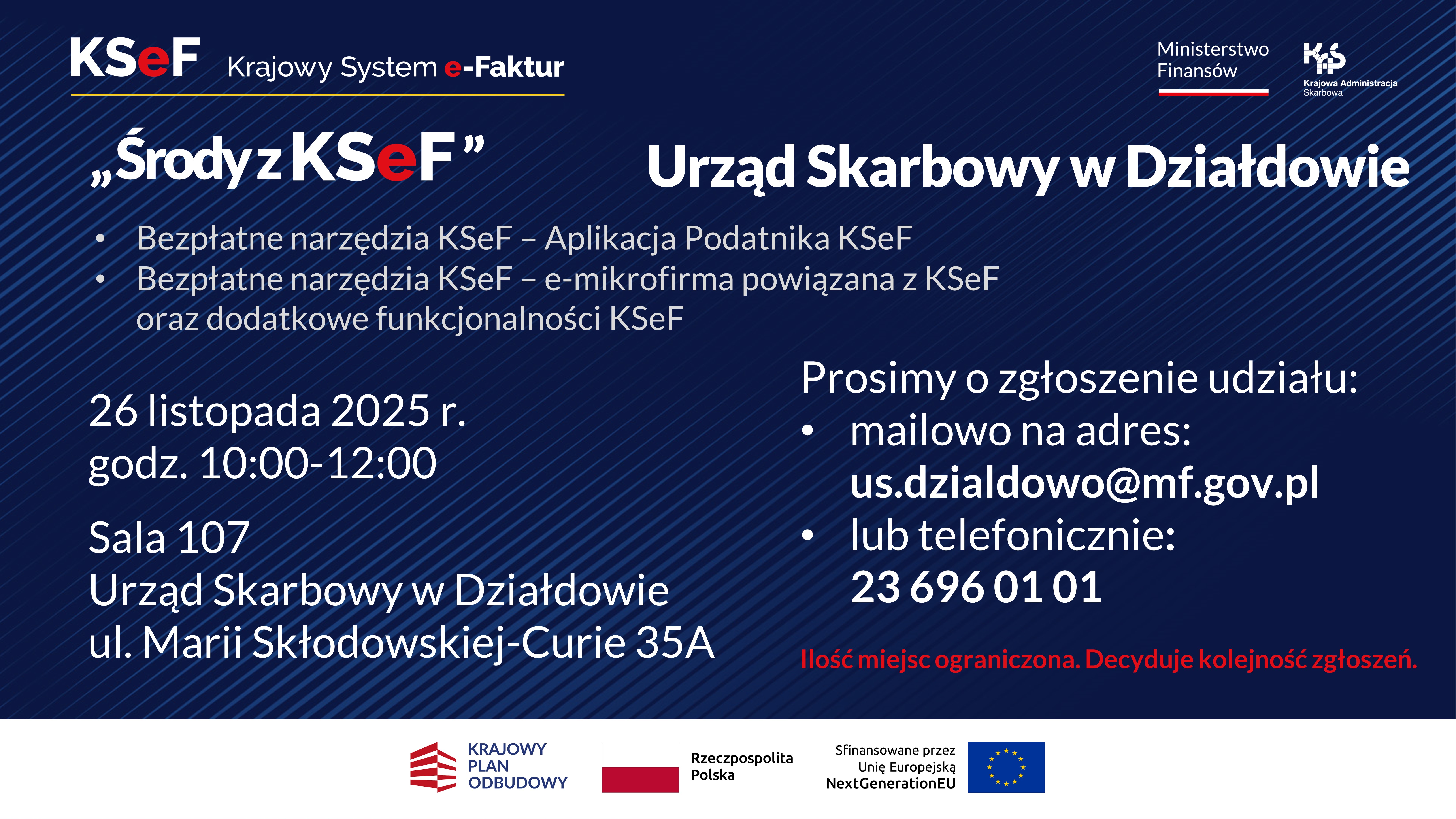 Plakat zapraszający na spotkanie o KSEF. Wszystkie informacje z plakatu znajdują się w treści artykułu.