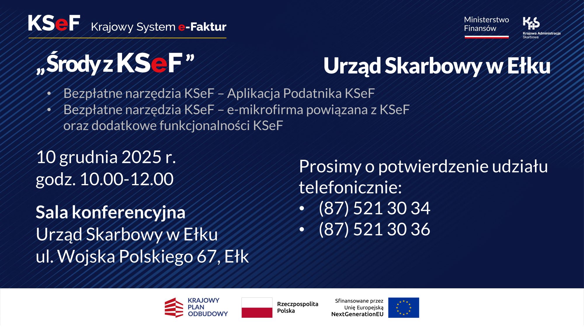 Plakat zapraszający na spotkanie o KSEF. Wszystkie informacje z plakatu znajdują się w treści artykułu.