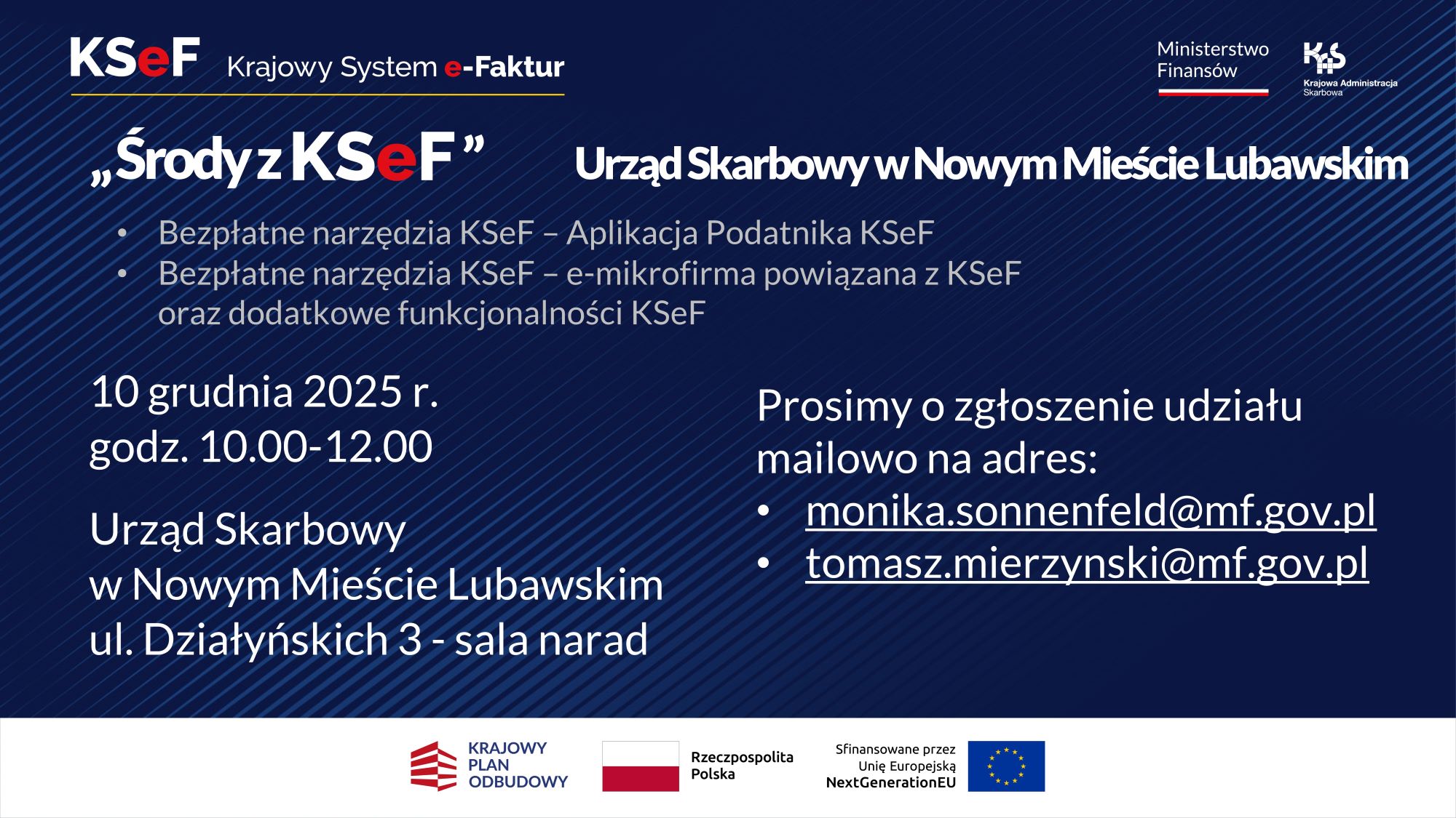 Plakat zapraszający na spotkanie o KSEF. Wszystkie informacje z plakatu znajdują się w treści artykułu.