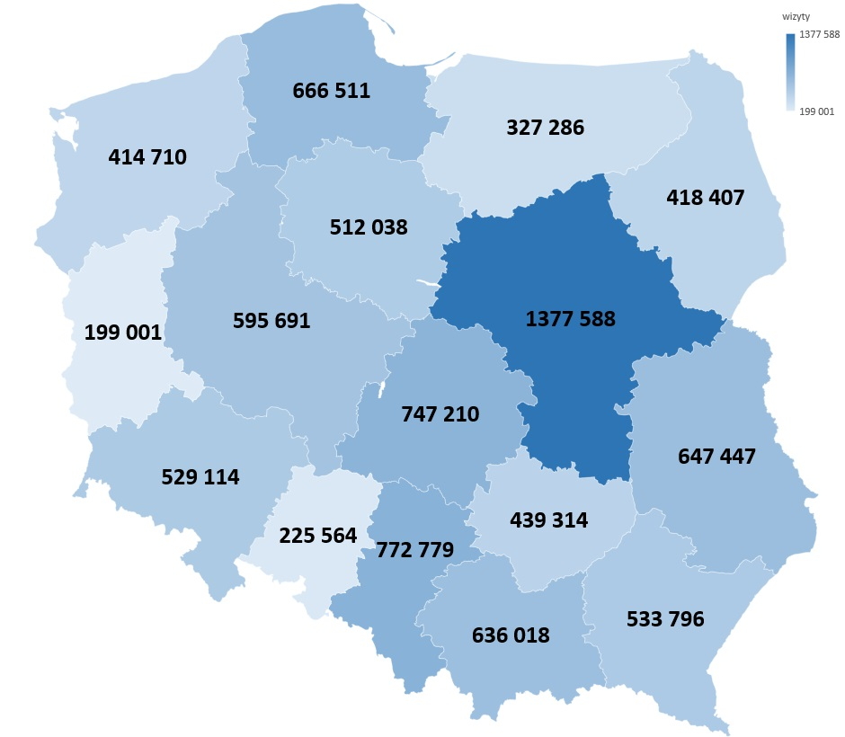 Mapa konturowa polski z województwami i wpisanymi liczbami