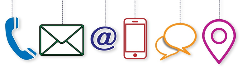 Ikony: telefonu, koperty pocztowej, maila, telefonu komórkowego, czatu, lokalizacji. designed by Pixabay
