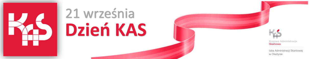 Różowa wstęga przecinająca baner. Logo Krajowej Administracji Skarbowej KAS orazn napis: 21 września, Dzień KAS.