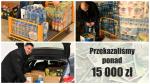 Cztery zdjęcia zebrane w kolaż. Mężczyźni układający paczki z żywnością. Napis zebraliśmy ponad 15 000 złotych.