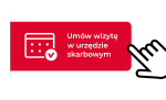 Na czerwonym polu symbol kalendarza, napis Umów wizytę w urzędzie skarbowym, kursor w kształcie dłoni, wskazujący pole z napisem.