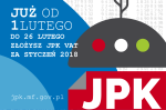 Grafika po lewej stronie zawiera napis: JUŻ OD 1 LUTEGO DO 26 LUTEGO ZŁOŻYSZ JPK VAT ZA STYCZEŃ 2018 , oraz link do strony: jpk.mf.gov.pl. Natomiast po prawej stronie obrazu umieszczony są trzy litery JPK .