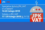 Obraz zawiera rakietę z napisem JPK_VAT oraz umieszczony jest tekst Specjalne dyżury JPK_VAT w urzędach 14-23 lutego 2018 Soboty z JPK_VAT 17 i 24 lutego 2018 (g. 9-13)
