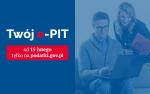 Grafika przedstawia kobietę i mężczyznę patrzących w ekran komputera oraz napis Twój e-PIT od 15 lutego tylko na podatki.gov.pl